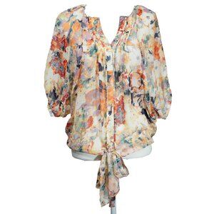 Buffalo Bitton Floral Watercolor Blouse Sheer Flowy Boho Summer Peasant Blouse